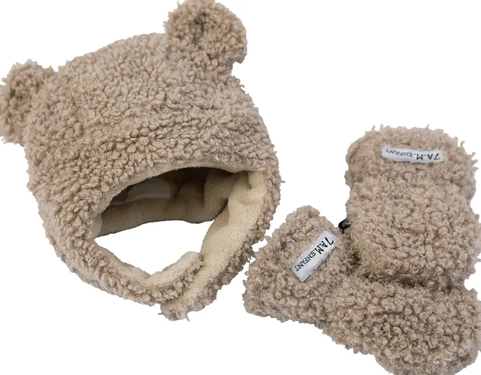 7 A.M. Enfant The Cub Mitten & Hat Set - Teddy - Oatmeal Teddy (0-6m)