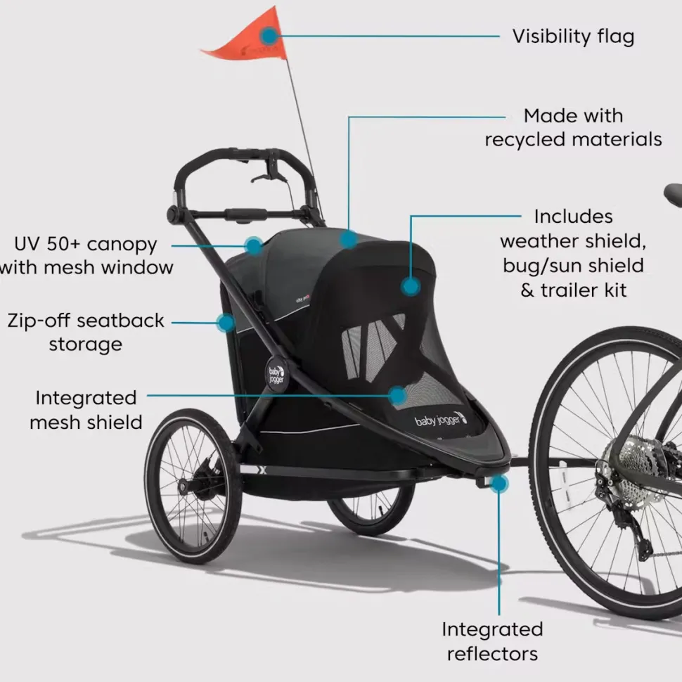Baby Jogger City Prix Jogger + Bike Trailer + Weather Shield Bundle - Ambition Black