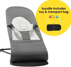 BabyBjorn Bouncer + Flying Friends Toy Bar + Transport Bag Bundle - Balance Soft, Cotton / Jersey Dark Grey / Grey