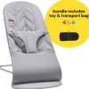 BabyBjorn Bouncer + Flying Friends Toy Bar + Transport Bag Bundle - Bliss, Petal Quilt Cotton Light Gray
