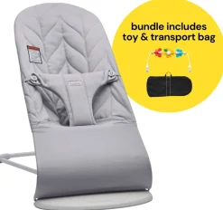 BabyBjorn Bouncer + Flying Friends Toy Bar + Transport Bag Bundle - Bliss, Petal Quilt Cotton Light Gray