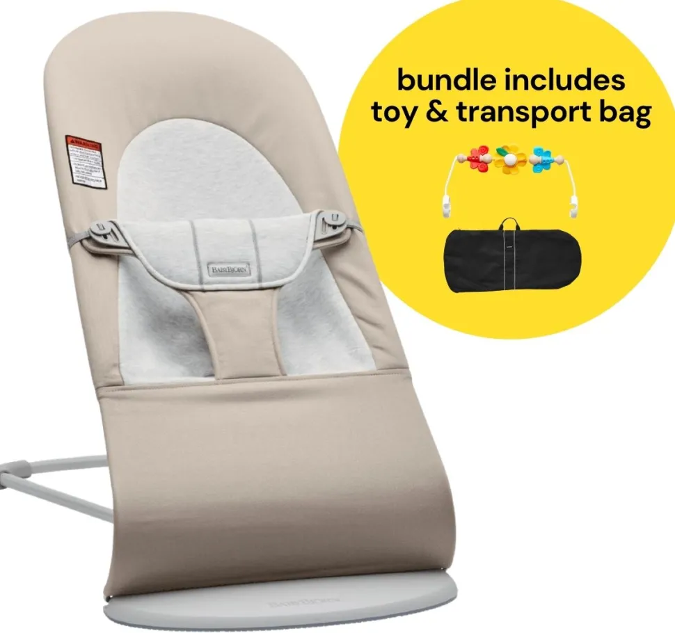 BabyBjorn Bouncer + Flying Friends Toy Bar + Transport Bag Bundle - Balance Soft, Cotton / Jersey Beige / Grey