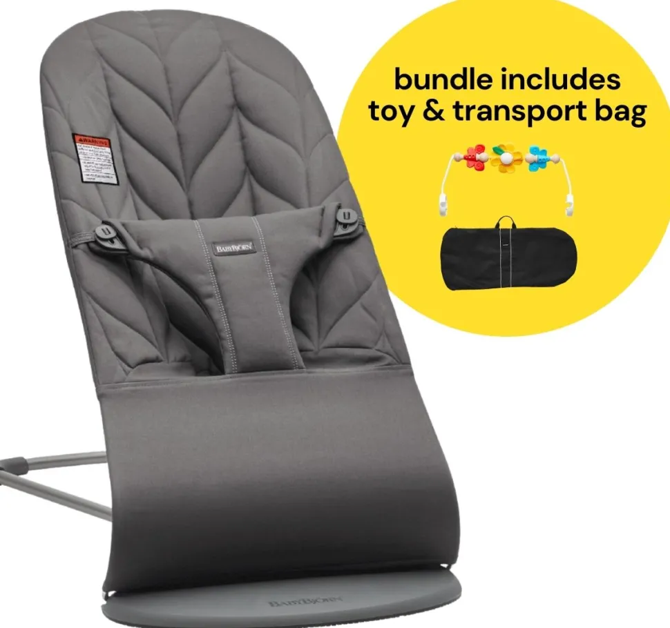 BabyBjorn Bouncer + Flying Friends Toy Bar + Transport Bag Bundle - Bliss, Petal Quilt Cotton Anthracite