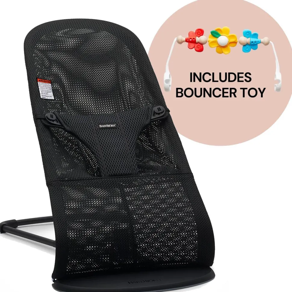 BabyBjorn Bouncer + Toy Bundle - Bliss (Mesh) Black / Black / Flying Friends