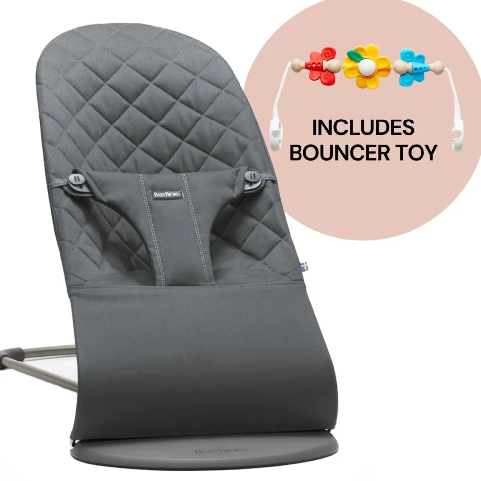 BabyBjorn Bouncer + Toy Bundle - Bliss (Quilted Cotton) Anthracite / Flying Friends