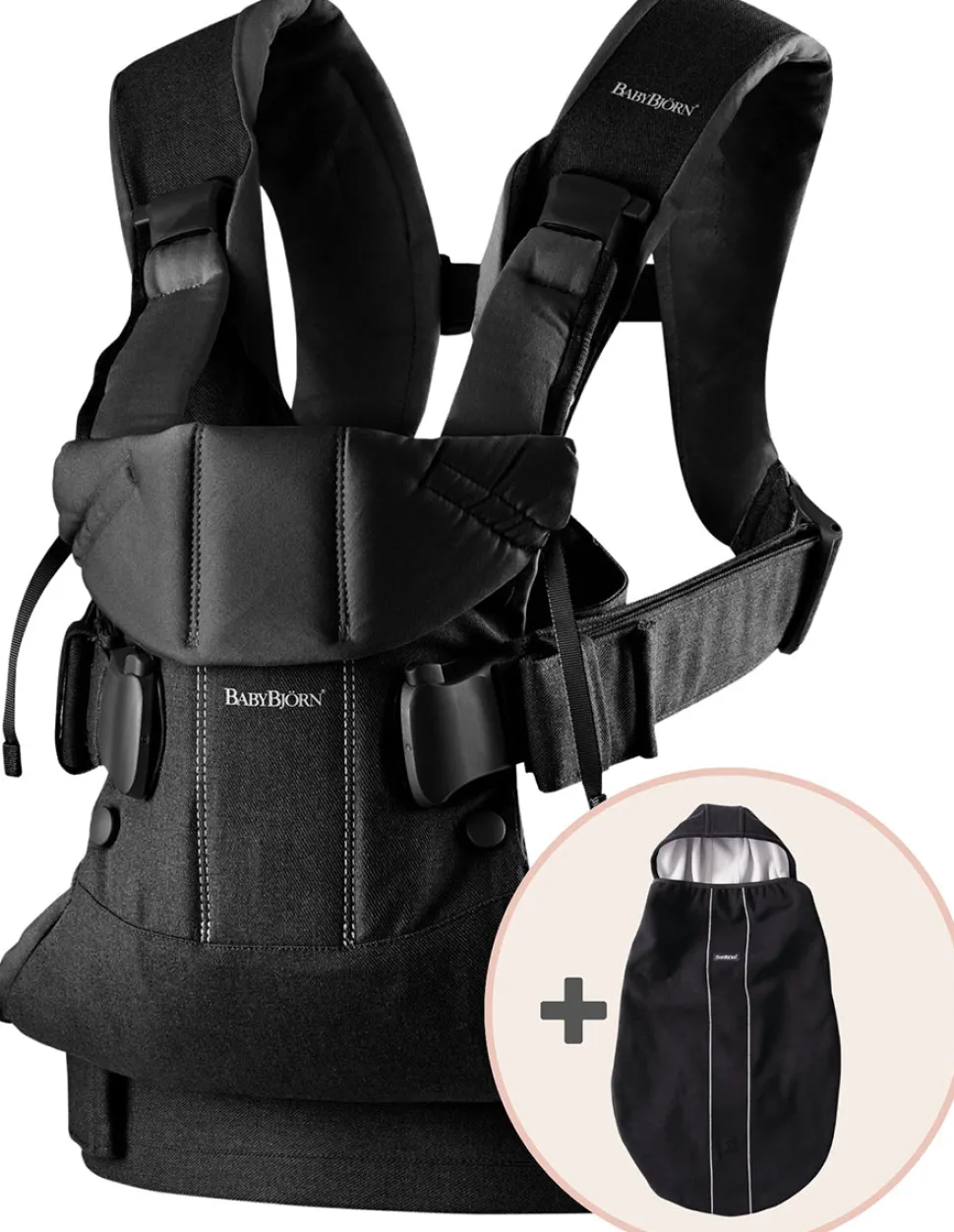 BabyBjörn Baby Carrier One, Cotton Mix + Cover Bundle - Black / Black