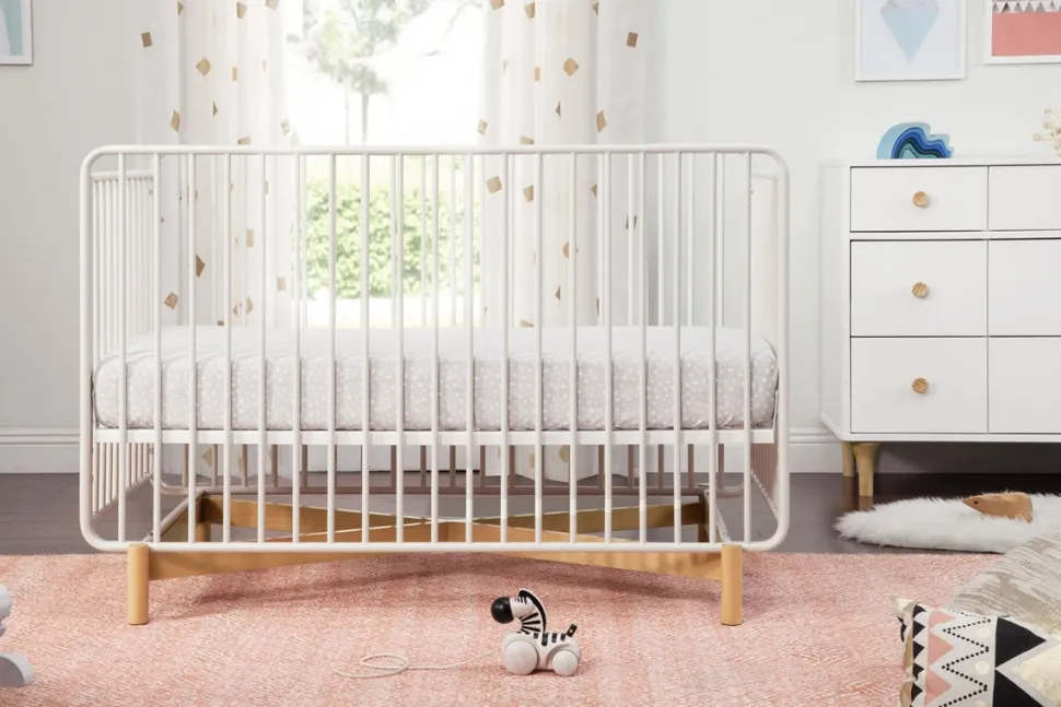 Babyletto Bixby Metal Crib with Toddler Bed Conversion Kit - Warm White / Walnut Stain