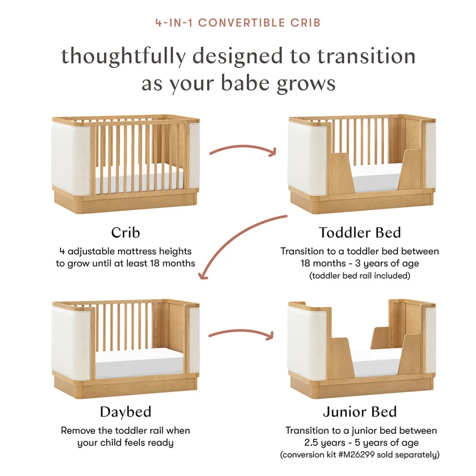 Babyletto Bondi Boucle 4-in-1 Convertible Crib w/ Toddler Bed Conversion Kit - Honey / Ivory Boucle