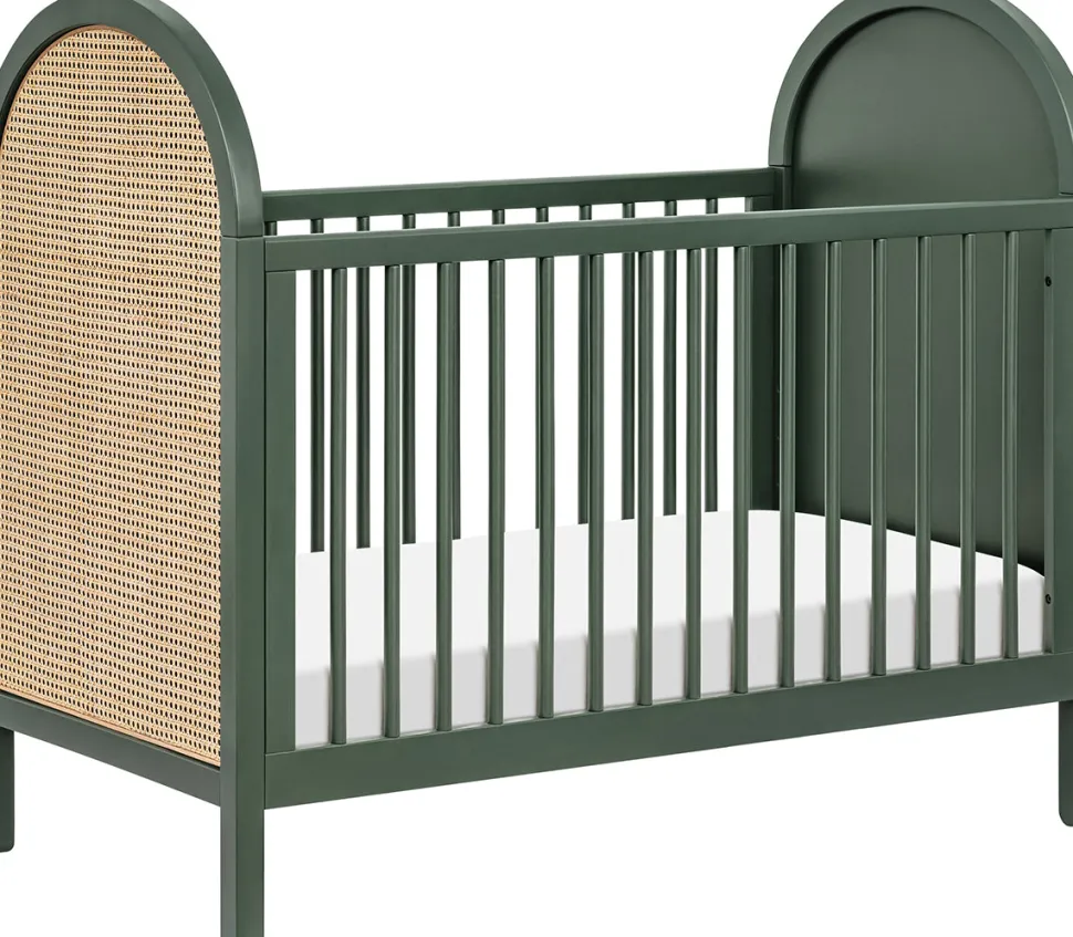 Babyletto Bondi Cane 3-in-1 Convertible Crib w/ Toddler Bed Conversion Kit - Forest Green / Natural Cane