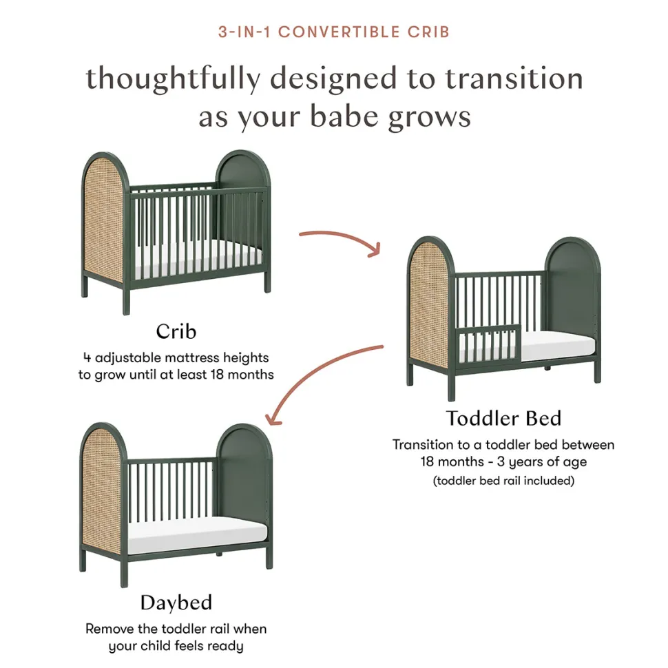 Babyletto Bondi Cane 3-in-1 Convertible Crib w/ Toddler Bed Conversion Kit - Forest Green / Natural Cane