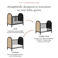 Babyletto Bondi Cane 3-in-1 Convertible Crib w/ Toddler Bed Conversion Kit - Black / Natural Cane