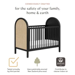Babyletto Bondi Cane 3-in-1 Convertible Crib w/ Toddler Bed Conversion Kit - Black / Natural Cane