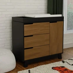 Babyletto Hudson 3-Drawer Changer Dresser, KD w/Removable Changing Tray - Black / Natural Walnut