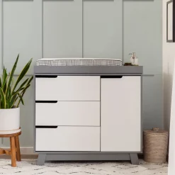 Babyletto Hudson 3-Drawer Changer Dresser, KD w/Removable Changing Tray in Grey/White