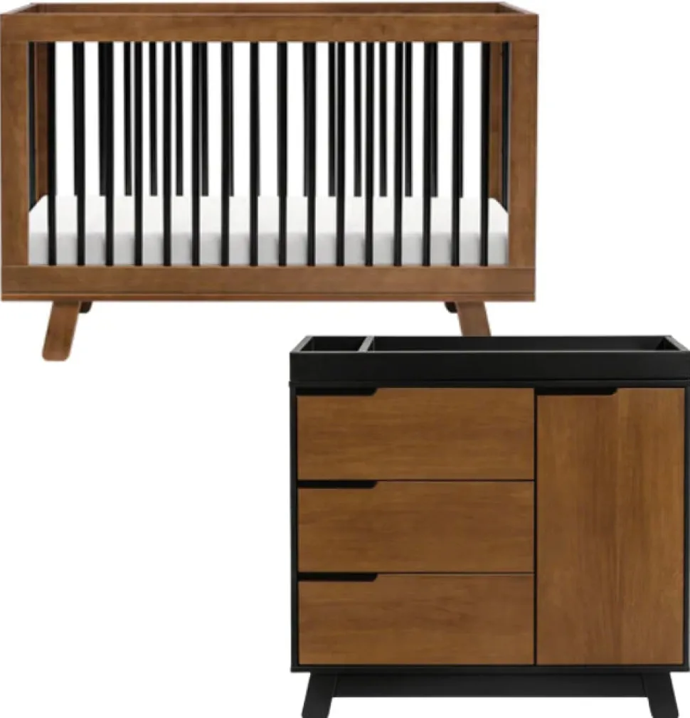 Babyletto Hudson 3-in-1 Convertible Crib + 3-Drawer Changer Dresser Bundle - Natural Walnut / Black