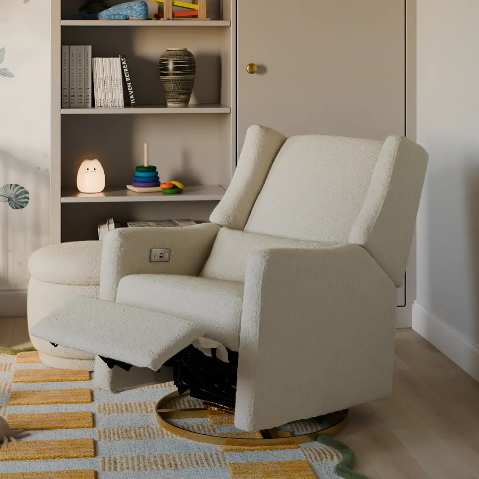 Babyletto Kiwi Electronic Glider Recliner w/ USB - Ivory Boucle w/ Gold Base