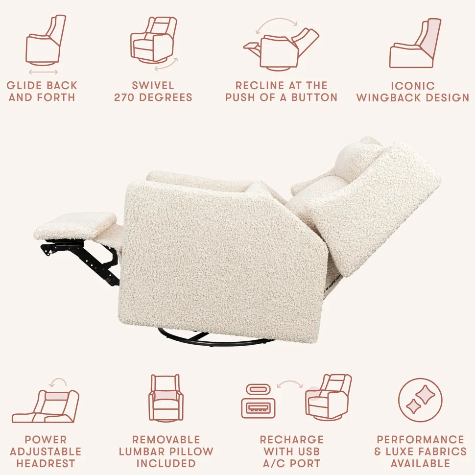 Babyletto Kiwi Plus Electric Recliner Swivel Glider w/ Adjustable Headrest + USB Port - Almond Teddy Loop