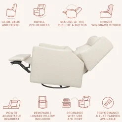 Babyletto Kiwi Plus Electric Recliner Swivel Glider w/ Adjustable Headrest + USB Port - Performance Ivory Boucle