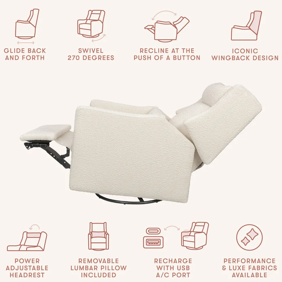 Babyletto Kiwi Plus Electric Recliner Swivel Glider w/ Adjustable Headrest + USB Port - Performance Ivory Boucle