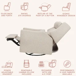 Babyletto Kiwi Plus Electric Recliner Swivel Glider w/ Adjustable Headrest + USB Port - Performance Beach Eco-Weave