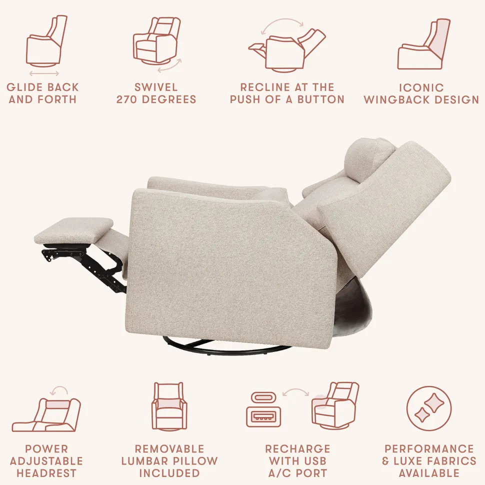Babyletto Kiwi Plus Electric Recliner Swivel Glider w/ Adjustable Headrest + USB Port - Performance Beach Eco-Weave