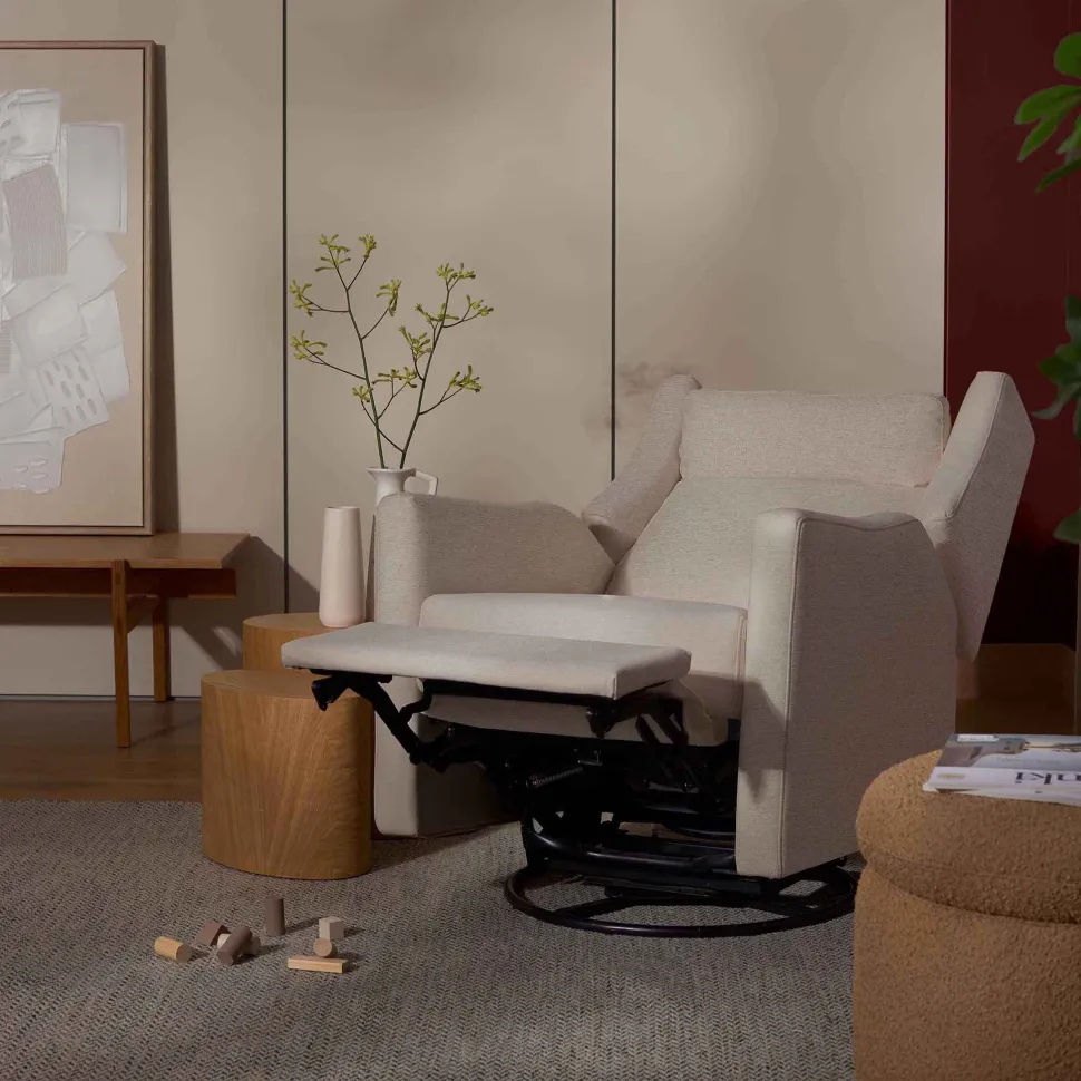 Babyletto Kiwi Plus Electric Recliner Swivel Glider w/ Adjustable Headrest + USB Port - Performance Beach Eco-Weave