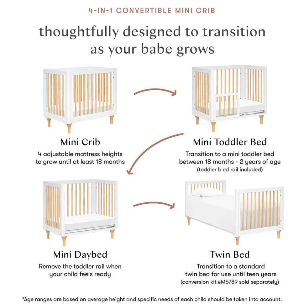 Babyletto Lolly 4-in-1 Convertible Mini Crib w/ Toddler Bed Conversion Kit - White/Natural