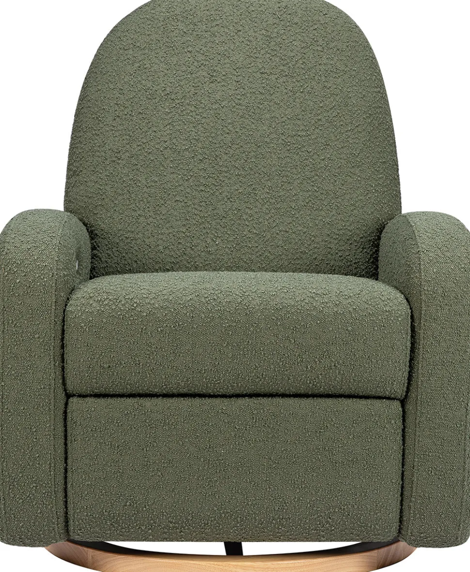 Babyletto Nami Electronic Swivel Glider Recliner w/ USB - Olive Boucle w/ Light Wood Base