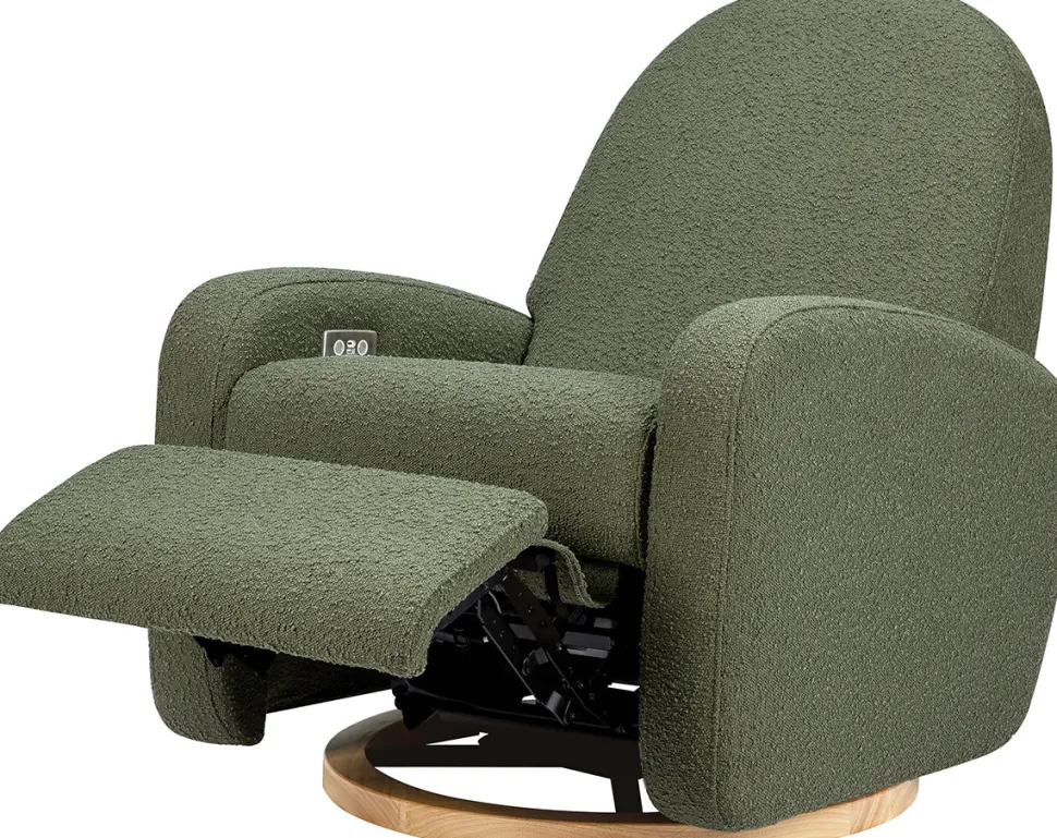Babyletto Nami Electronic Swivel Glider Recliner w/ USB - Olive Boucle w/ Light Wood Base