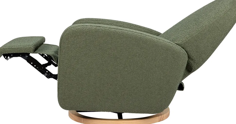 Babyletto Nami Electronic Swivel Glider Recliner w/ USB - Olive Boucle w/ Light Wood Base