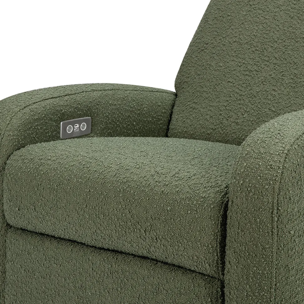 Babyletto Nami Electronic Swivel Glider Recliner w/ USB - Olive Boucle w/ Light Wood Base