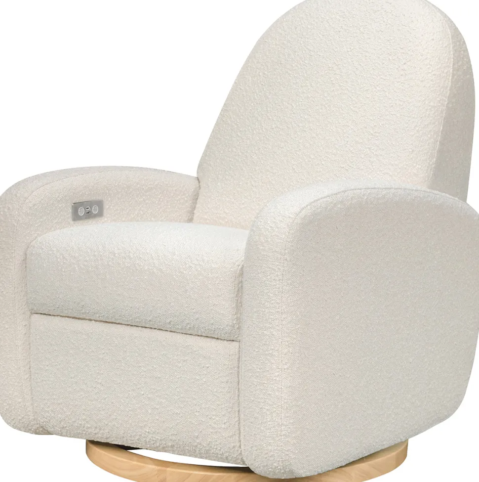 Babyletto Nami Electronic Swivel Glider Recliner w/ USB - Ivory Boucle w/ Light Wood Base