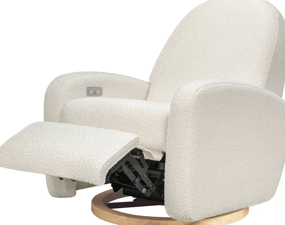Babyletto Nami Electronic Swivel Glider Recliner w/ USB - Ivory Boucle w/ Light Wood Base