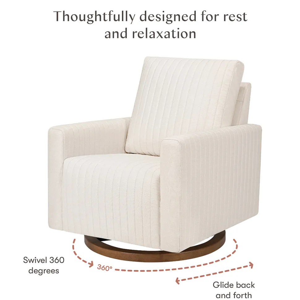 Babyletto Poe Channeled Swivel Glider - Performance Cream Eco-Weave w/ Dark Wood Base