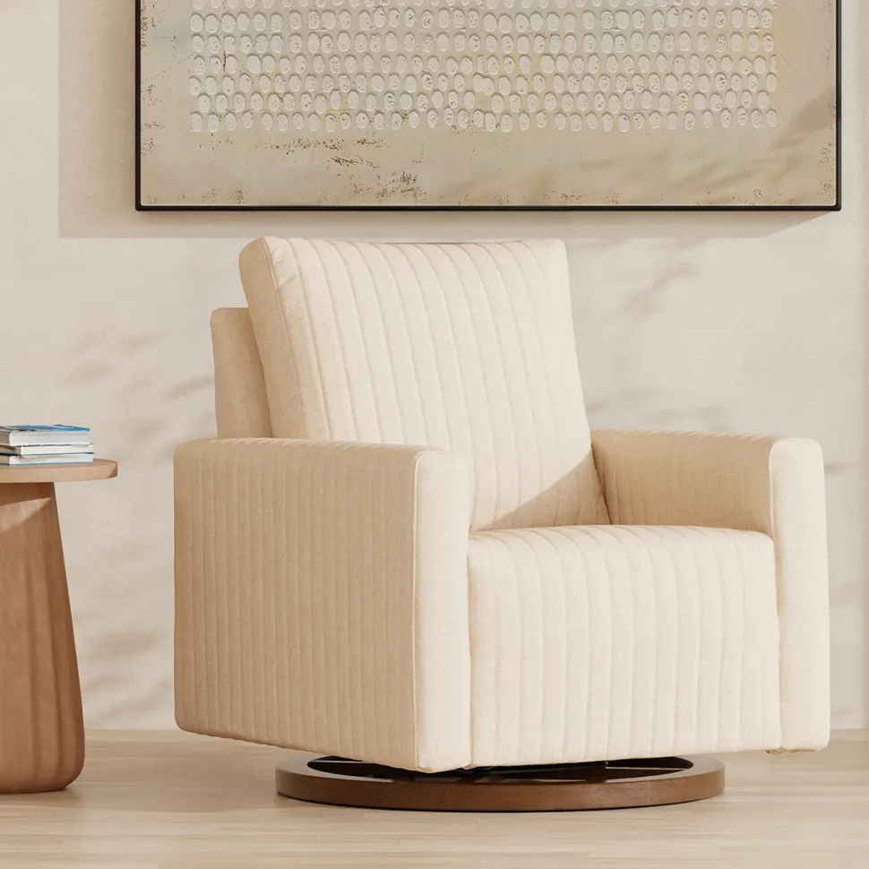 Babyletto Poe Channeled Swivel Glider - Performance Cream Eco-Weave w/ Dark Wood Base