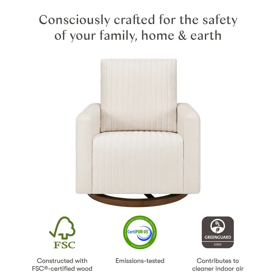 Babyletto Poe Channeled Swivel Glider - Performance Cream Eco-Weave w/ Dark Wood Base