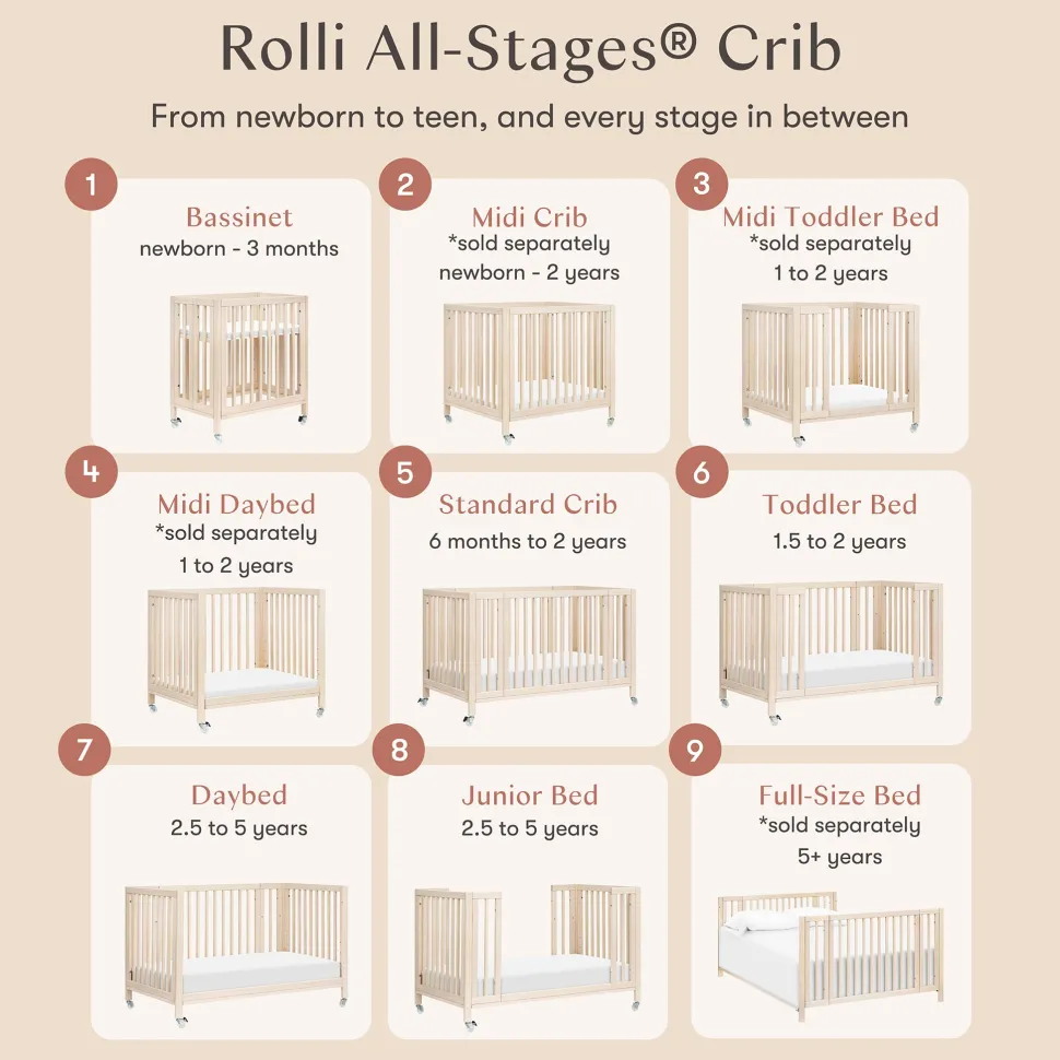 Babyletto Rolli 9-in-1 Convertible All-Stages Crib with Bassinet & Toddler Bed Conversion Kits - Washed Natural