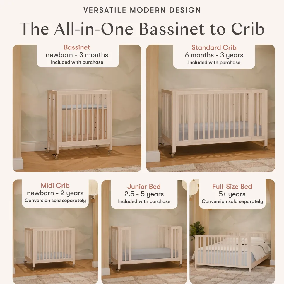 Babyletto Rolli 9-in-1 Convertible All-Stages Crib with Bassinet & Toddler Bed Conversion Kits - Washed Natural