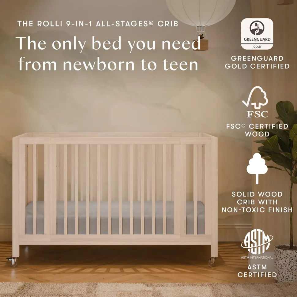 Babyletto Rolli 9-in-1 Convertible All-Stages Crib with Bassinet & Toddler Bed Conversion Kits - Washed Natural