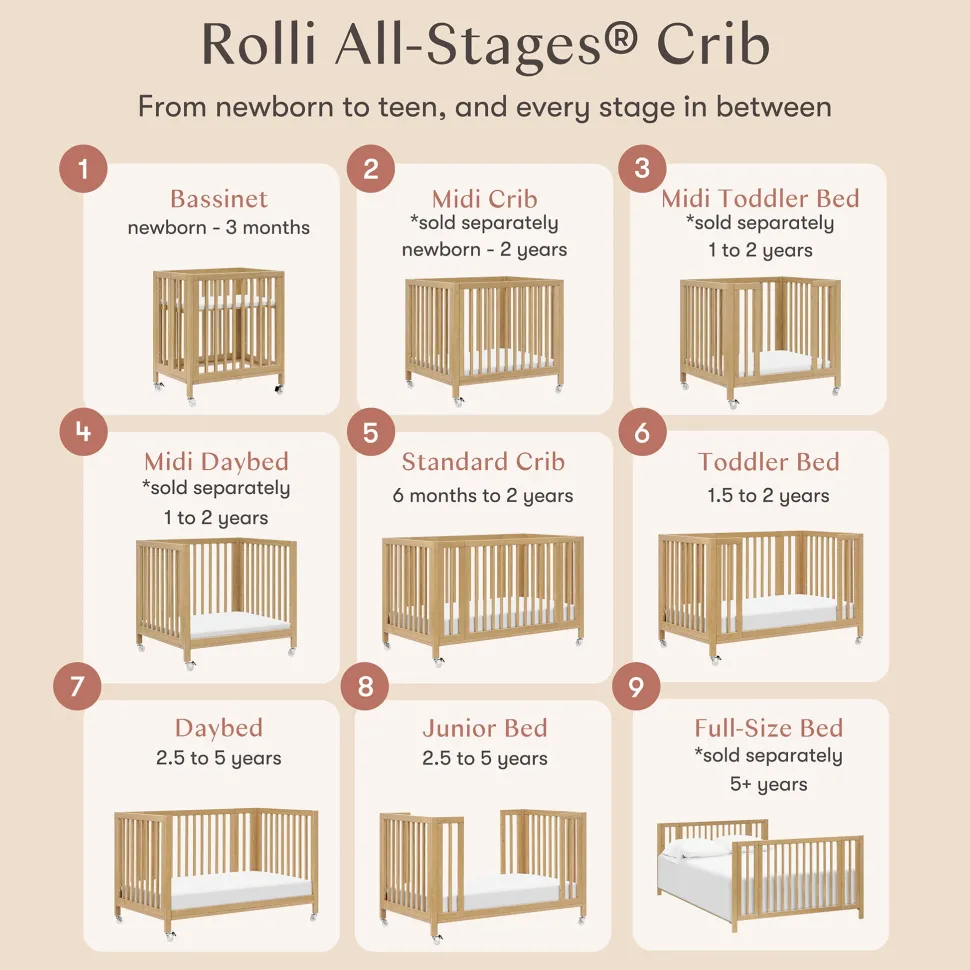 Babyletto Rolli 9-in-1 Convertible All-Stages Crib with Bassinet & Toddler Bed Conversion Kits - Honey