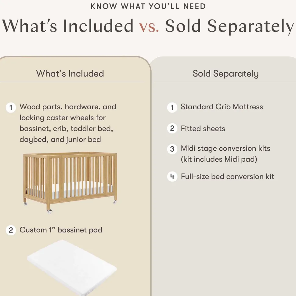Babyletto Rolli 9-in-1 Convertible All-Stages Crib with Bassinet & Toddler Bed Conversion Kits - Honey