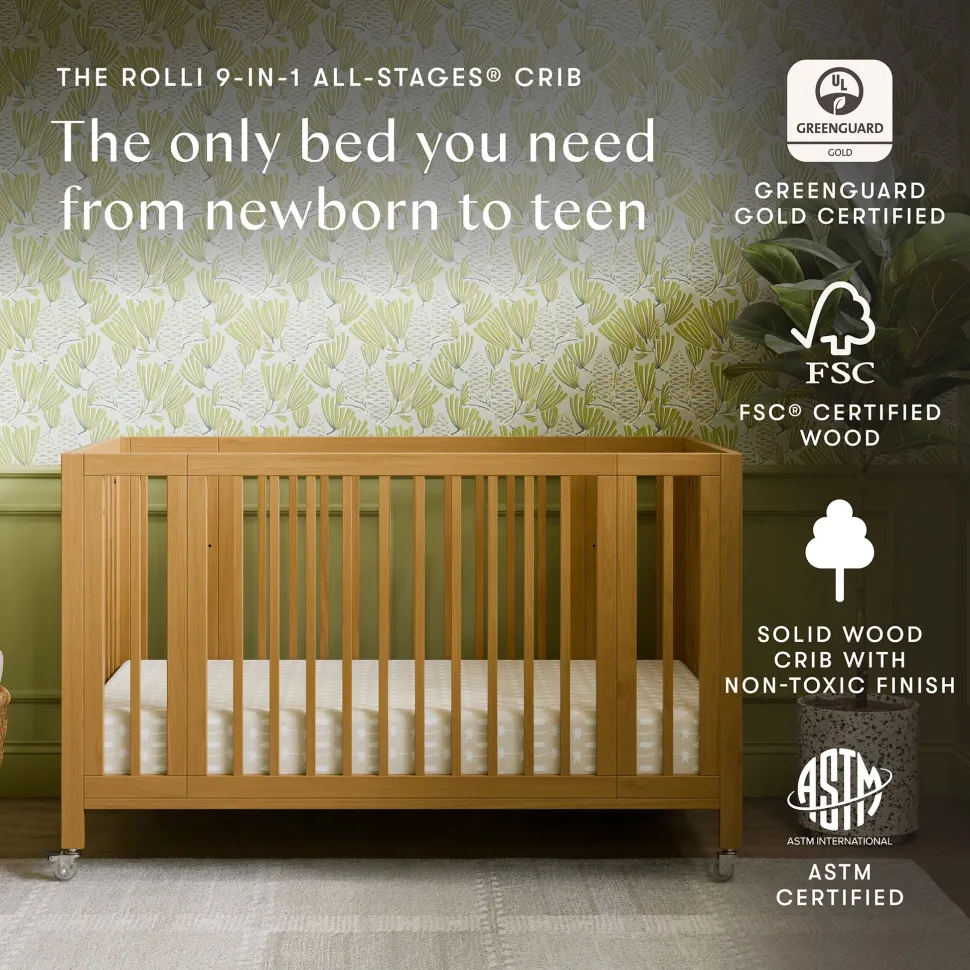 Babyletto Rolli 9-in-1 Convertible All-Stages Crib with Bassinet & Toddler Bed Conversion Kits - Honey