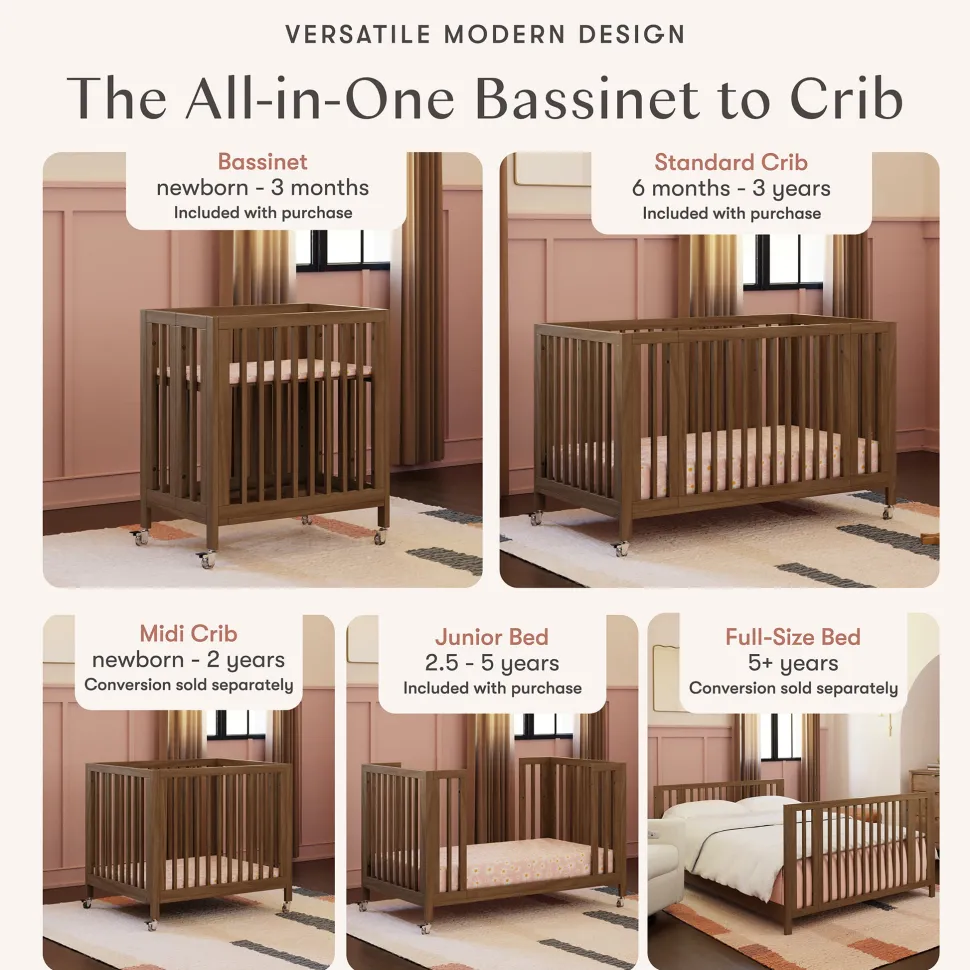 Babyletto Rolli 9-in-1 Convertible All-Stages Crib with Bassinet & Toddler Bed Conversion Kits - Natural Walnut