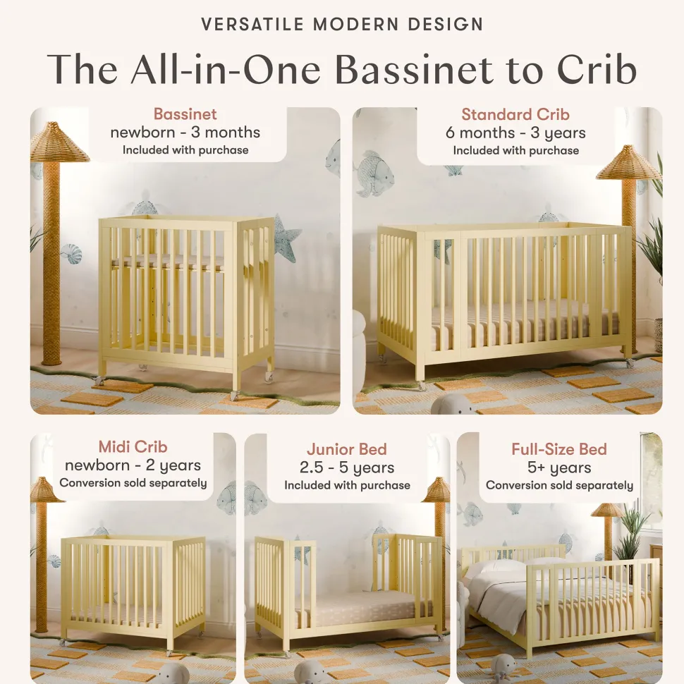 Babyletto Rolli 9-in-1 Convertible All-Stages Crib with Bassinet & Toddler Bed Conversion Kits - Pale Yellow