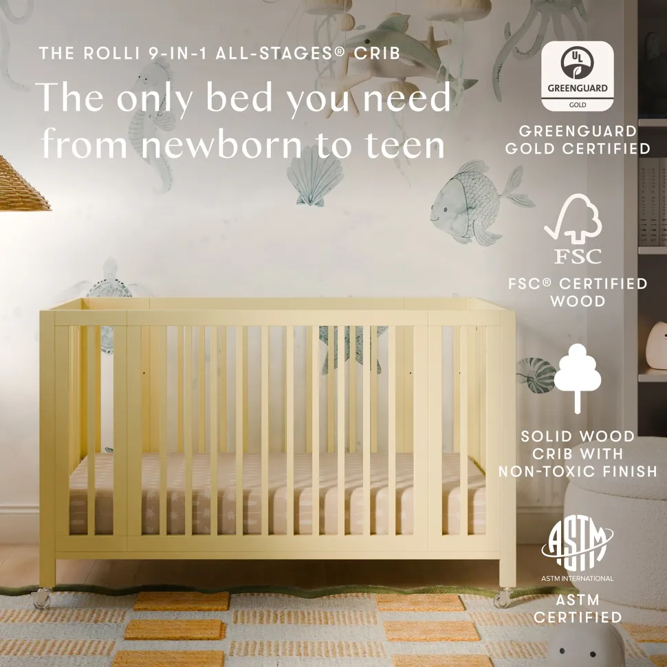 Babyletto Rolli 9-in-1 Convertible All-Stages Crib with Bassinet & Toddler Bed Conversion Kits - Pale Yellow