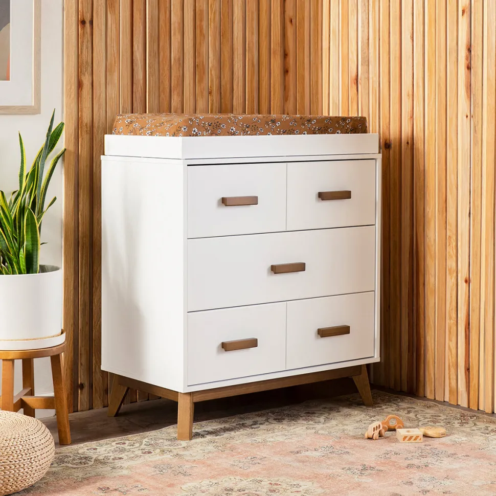 Babyletto Scoot 3-Drawer Changer Dresser w/Removable Changing Tray - White / Natural Walnut