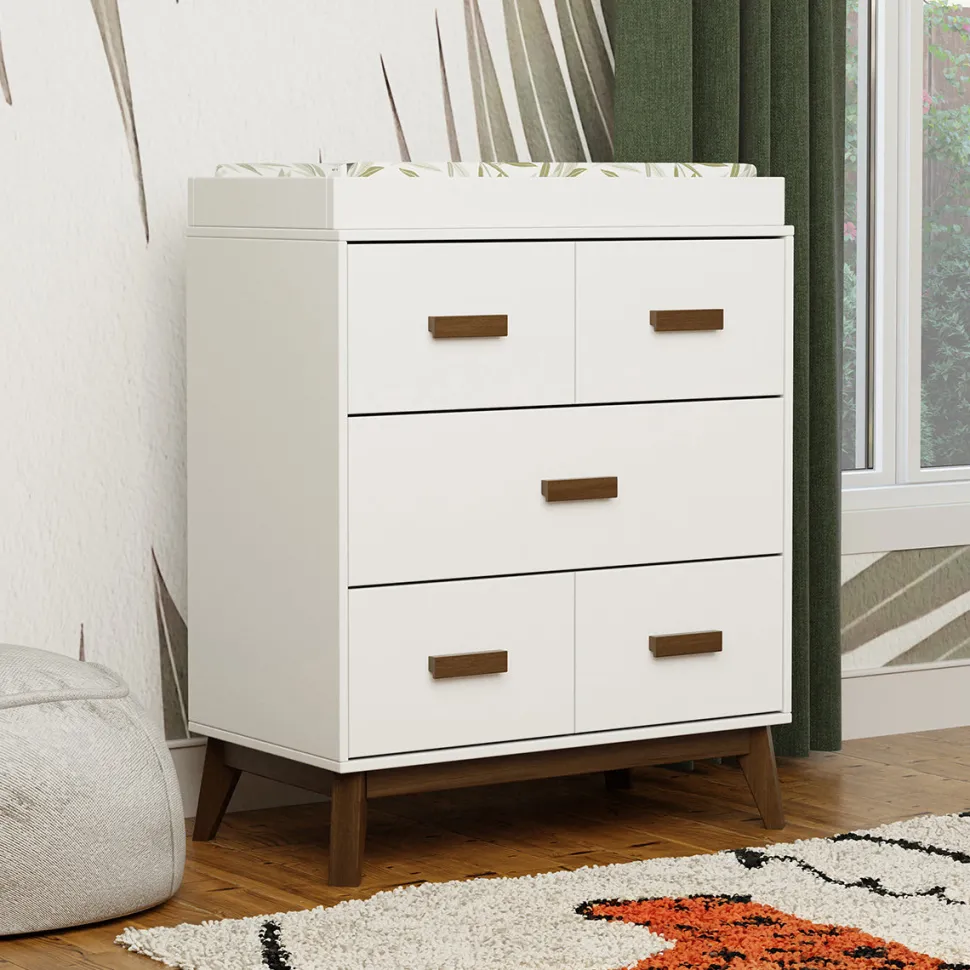 Babyletto Scoot 3-Drawer Changer Dresser w/Removable Changing Tray - White / Natural Walnut