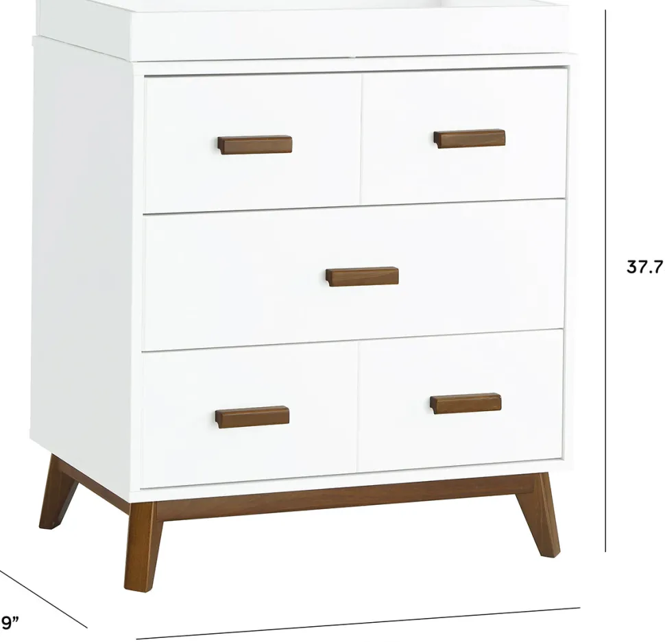 Babyletto Scoot 3-Drawer Changer Dresser w/Removable Changing Tray - White / Natural Walnut