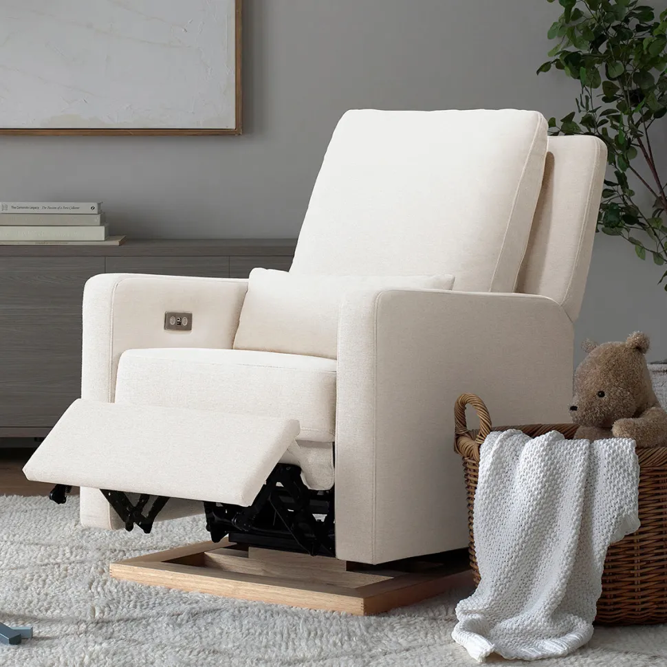 Babyletto Sigi Electronic Glider Recliner w/USB - Performance Cream Eco-Weave w/Light Wood Base