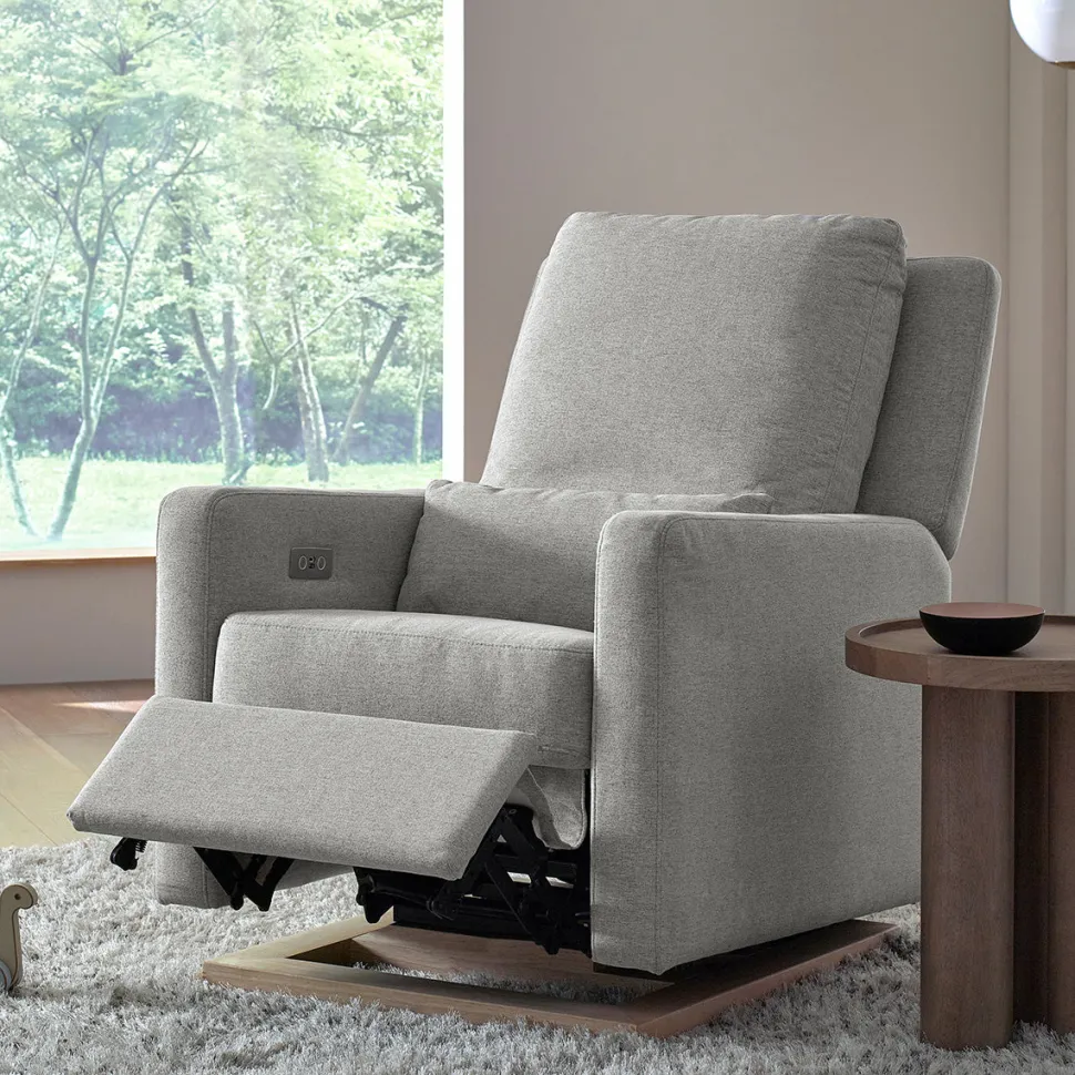 Babyletto Sigi Electronic Glider Recliner w/USB - Performance Grey Eco-Weave w/Light Wood Base